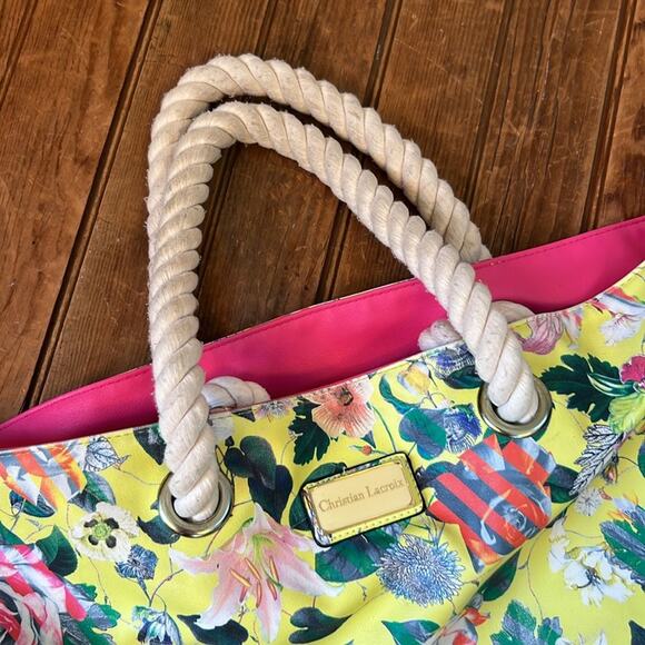 Christian Lacroix large Floral Yellow and Pink rope handle Tote Bag - Picture 3 of 12